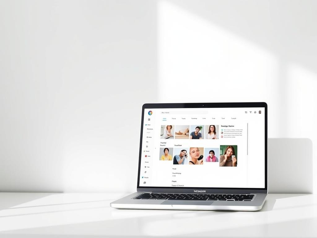 a minimalist, serene office scene featuring a laptop displaying an instagram stories scheduling interface. the laptop is set against a plain white background, with soft natural lighting illuminating the setup from the side. the scene conveys a sense of focus and productivity, with a clean, organized aesthetic. the instagram stories scheduling interface is clearly visible on the laptop screen, showcasing a clean, intuitive design with various scheduling options and tools. the overall mood is calm, professional, and conducive to task completion.