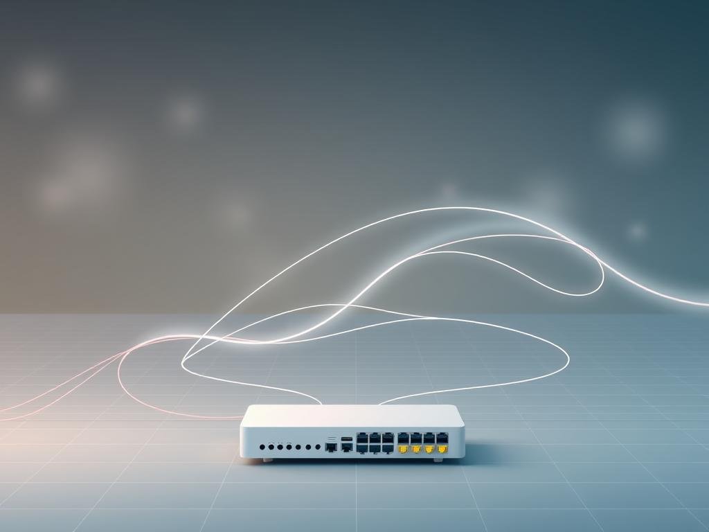 a minimalistic network topology diagram showcasing various techniques to reduce network congestion. in the foreground, a router and switches are depicted in a clean, stylized manner, with smooth gradients and muted colors. the middle ground features flowing lines and curves representing optimized data pathways, highlighted by a soft, diffused lighting that creates a sense of balance and efficiency. in the background, a subtle grid pattern suggests the underlying infrastructure, while a hazy, atmospheric gradient evokes a calming, technical ambiance. the overall composition conveys a sense of streamlined, thoughtful network management to improve internet connectivity.