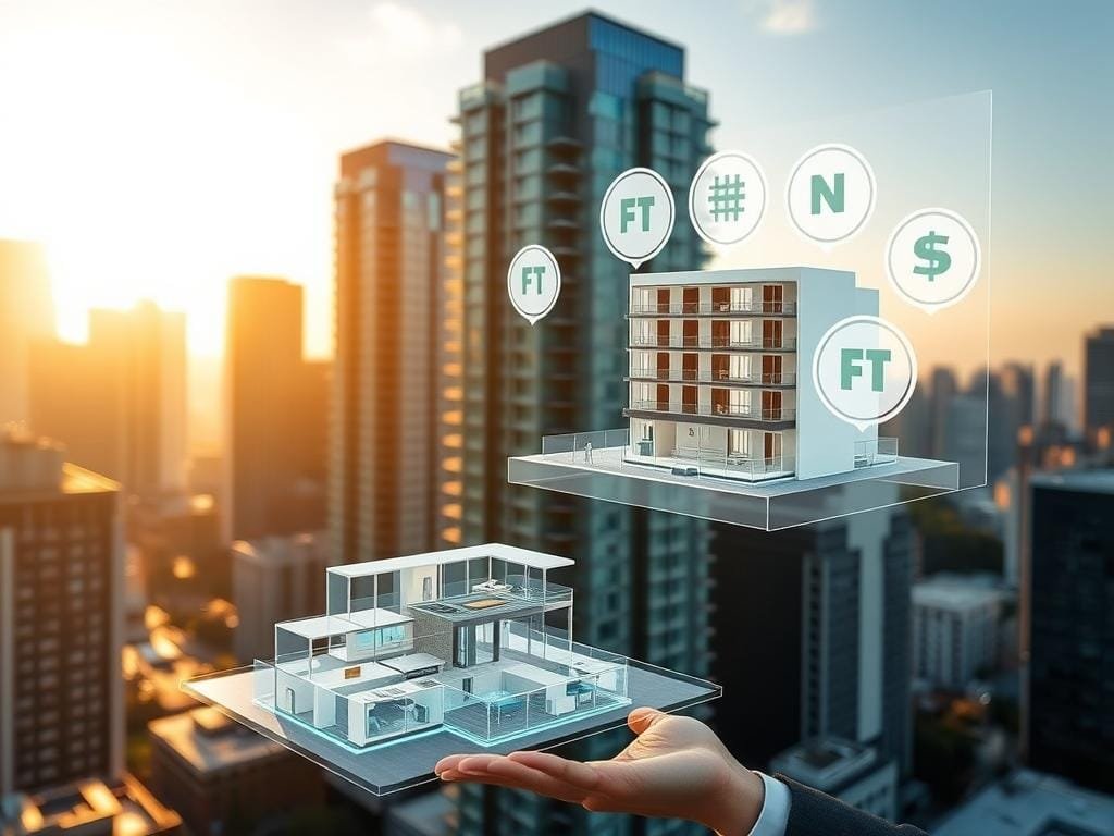 A modern cityscape with skyscrapers in the background, bathed in warm, golden afternoon light. In the foreground, a real estate agent is presenting a holographic 3D model of a luxury apartment, showcasing its floorplan and amenities. Superimposed on the model are dynamic NFT icons, representing the unique digital assets that are tied to the property's ownership, usage rights, and smart contract features. The agent gestures towards the hologram, highlighting how NFTs are revolutionizing the real estate industry, streamlining transactions and unlocking new opportunities for investors and homeowners.