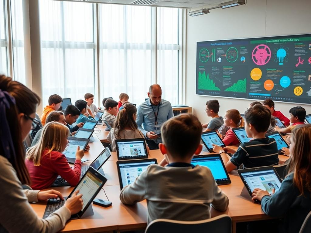 A modern classroom filled with engaged students, each immersed in personalized learning experiences on their tablets and laptops. Soft, diffused lighting filters through large windows, creating a warm, inviting atmosphere. In the center, an AI-powered teaching assistant interacts with a small group, guiding them through interactive lessons tailored to their individual needs and learning styles. The walls are adorned with vibrant displays showcasing student progress and achievements, reflecting the transformative potential of personalized learning powered by AI technology.