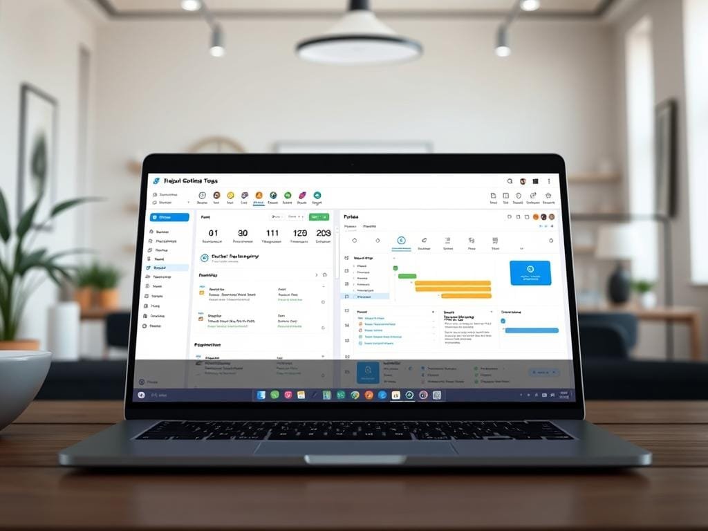 A modern, clean-looking task management software interface displayed on a laptop screen. The foreground features a well-organized dashboard with intuitive icons, task lists, and calendar views. The middle ground showcases project management features like Kanban boards, Gantt charts, and team collaboration tools. The background depicts a minimalist office setting with tasteful decor, ample natural lighting, and a subtle sense of productivity and focus. The overall mood is one of efficiency, organization, and seamless workflow, suitable for the "Task Management Tools I Recommend" section of the productivity article.