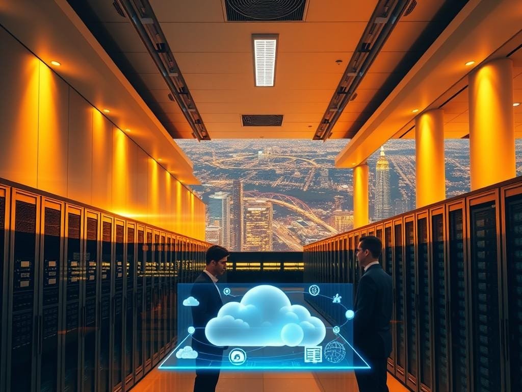 A modern data center with sleek, minimalist architecture, bathed in warm, directional lighting. In the foreground, a group of IT professionals collaborating around a holographic dashboard, managing cloud resources across multiple providers. In the middle ground, rows of high-density server racks and virtualized storage arrays. The background features a panoramic view of a dynamic, interconnected cityscape, symbolizing the interconnected nature of the multi-cloud ecosystem. The overall scene conveys a sense of efficiency, control, and seamless integration - the hallmarks of effective multi-cloud management.