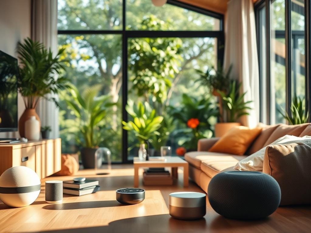 A modern, energy-efficient smart home filled with cutting-edge gadgets, bathed in warm, natural lighting. In the foreground, sleek smart speakers and voice assistants, seamlessly integrated into the minimalist decor. In the middle ground, a high-tech smart thermostat and smart lighting system, intelligently managing the home's energy usage. In the background, a large window overlooking a lush, sustainable garden, reflecting the home's commitment to green living. The atmosphere is one of effortless, eco-conscious technology, creating a harmonious and environmentally responsible living space.