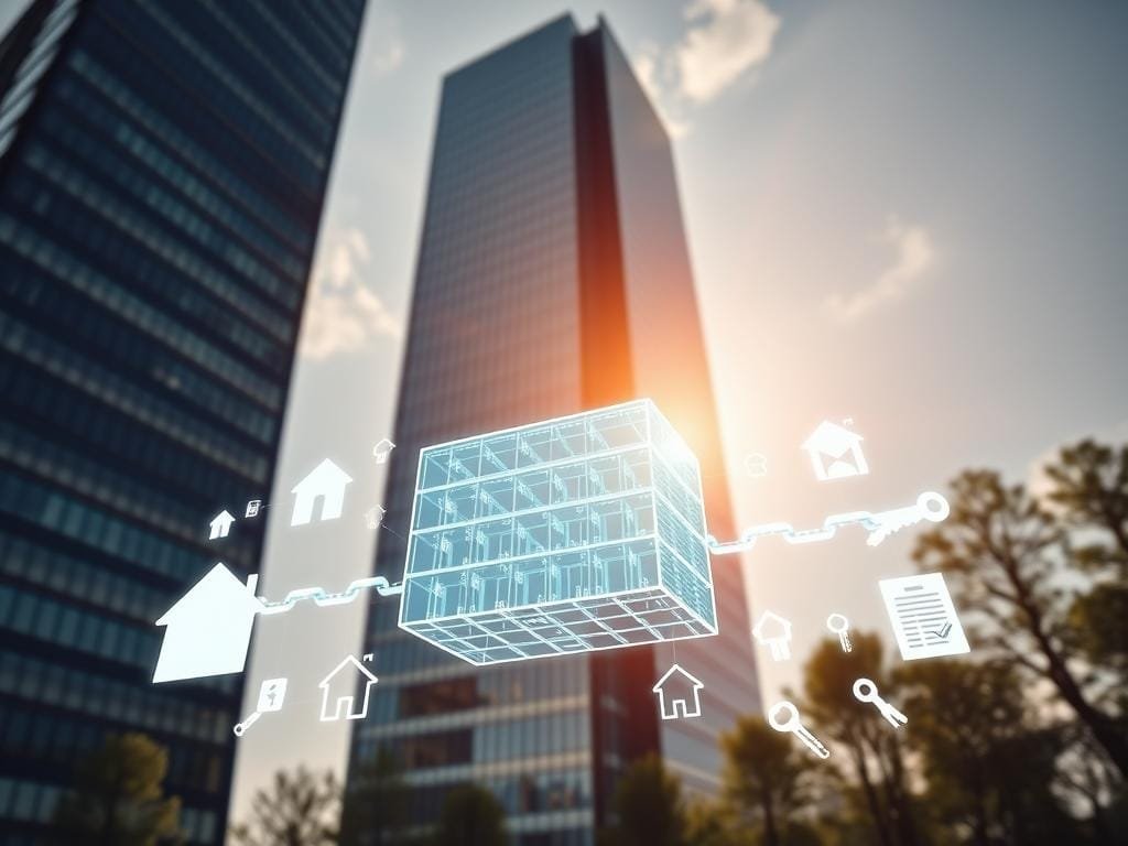 A modern high-rise office building stands tall, its glass facade reflecting the sun's rays. In the foreground, a digital ledger floats, its blocks linked together in a secure chain. Surrounding it, various real estate icons - house silhouettes, keys, and contract documents - symbolize the integration of blockchain technology into the real estate industry. The scene is bathed in a warm, futuristic glow, conveying the transformative power of this emerging technology. A wide-angle lens captures the scene, highlighting the interplay between the physical and digital realms of real estate.