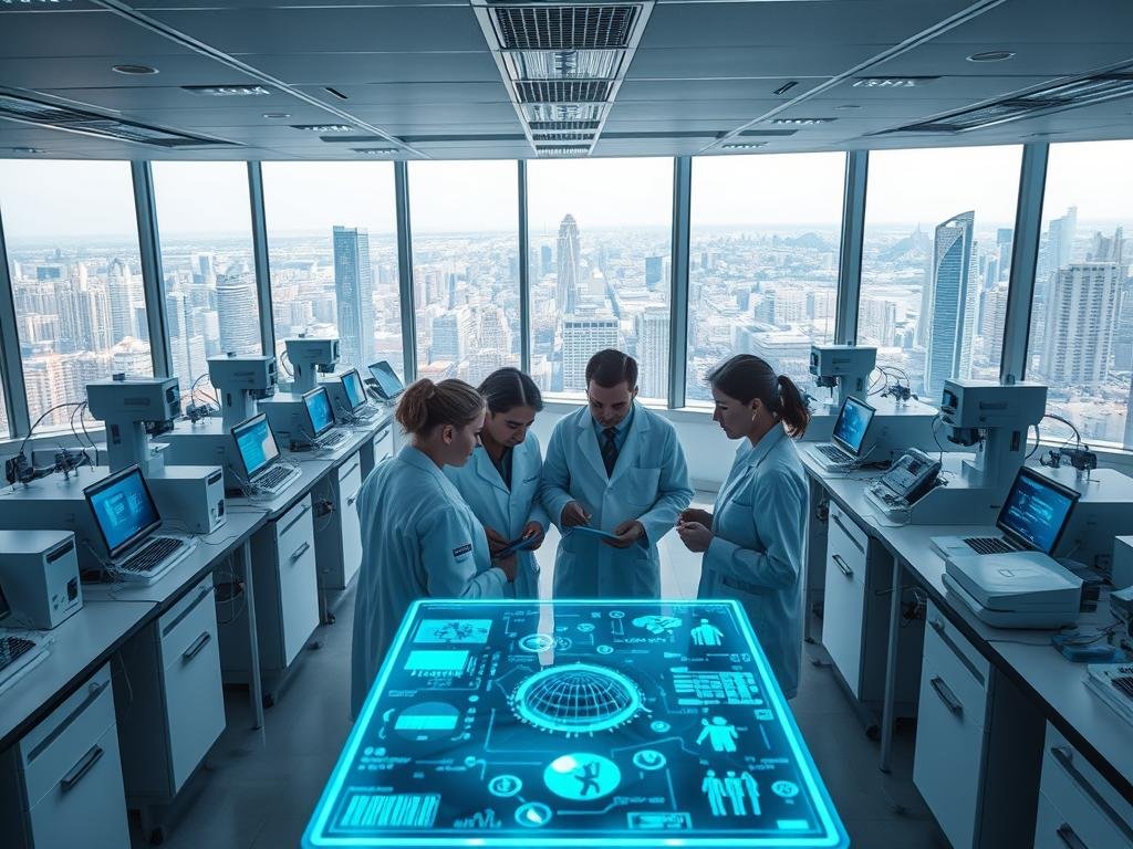 a modern medical laboratory filled with cutting-edge ai-powered research equipment. in the foreground, a team of researchers in white coats huddle around a holographic display, analyzing complex data visualizations. the middle ground features rows of specialized machines and instruments, their status screens illuminating the space with a soft blue glow. the background reveals panoramic windows overlooking a bustling city skyline, hinting at the far-reaching impact of the research conducted within these walls. the lighting is cool and clinical, evoking a sense of scientific rigor and discovery. the overall mood is one of focused innovation, as the researchers harness the power of ai to uncover groundbreaking medical breakthroughs.