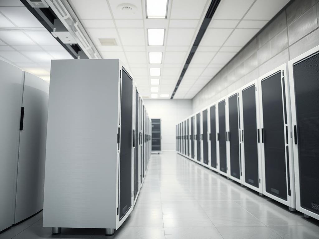 A modern, minimalist data center featuring rows of sleek network storage devices in a brightly lit, climate-controlled environment. Soft lighting from above illuminates the clean white and gray metal chassis of the NAS units, with crisp, angular lines and subtle LED indicators. In the foreground, a single high-capacity drive array stands out, its brushed metal exterior gleaming. The middle ground showcases an orderly arrangement of networked storage solutions, while the background depicts a simple, uncluttered room with smooth concrete walls. An atmosphere of efficiency, security, and technological sophistication pervades the scene.