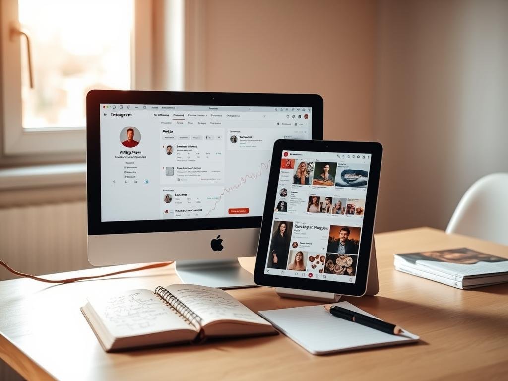 a modern, minimalist desktop setup featuring an imac, a tablet displaying various instagram scheduling tool features, and a notebook with handwritten notes. the setup is bathed in warm, natural lighting from a large window, creating a cozy, productive atmosphere. the tablet's screen showcases intuitive scheduling options, analytics dashboards, and content creation tools in a clean, user-friendly interface. the notebook and writing utensils suggest a hybrid digital-analog workflow. the overall scene conveys a sense of efficiency and organization for managing an instagram content strategy.