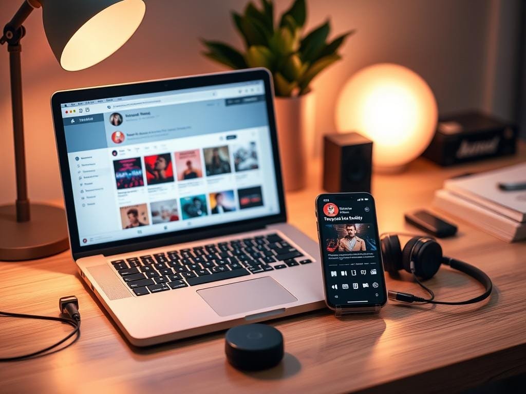 A modern, minimalist desktop workspace with a laptop, smartphone, and various audio-related accessories. The laptop screen displays a social media platform interface showcasing trending audio tracks. The smartphone is positioned prominently, highlighting its role in music discovery and sharing. The workspace is bathed in warm, soft lighting, creating a cozy, inviting atmosphere. The overall composition emphasizes the importance of audio trends and their integration into daily digital experiences. The scene conveys a sense of exploration, creativity, and the ever-evolving nature of audio-driven social media content.