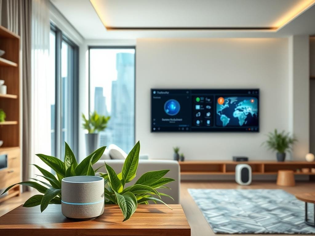A modern, minimalist home interior with various smart home devices strategically placed throughout the room. In the foreground, a sleek and compact voice-controlled smart speaker rests on a wooden side table, surrounded by lush green plants. In the middle ground, a wall-mounted touchscreen smart display showcases customizable home automation controls. In the background, a window reveals a futuristic cityscape, bathed in soft, natural lighting. The overall mood is one of technological sophistication and seamless integration, reflecting the cutting-edge smart home experience.