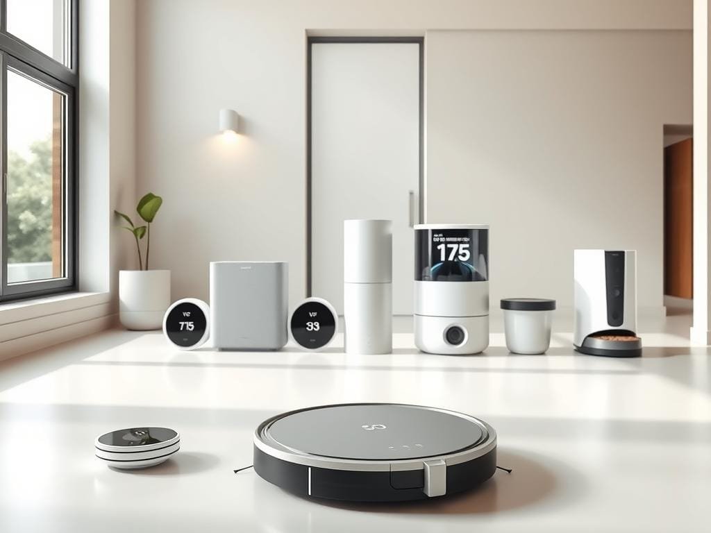A modern, minimalist interior with high-tech home products neatly arranged on clean, light-colored surfaces. In the foreground, a sleek robotic vacuum cleaner, a smart thermostat, and a voice-activated home assistant device. In the middle ground, a cutting-edge water filtration system and an automated pet feeder. The background features large windows allowing natural light to flood the space, complemented by discreet, energy-efficient lighting fixtures. The overall atmosphere conveys a sense of technological sophistication and streamlined efficiency, seamlessly integrating advanced gadgets to simplify home maintenance.