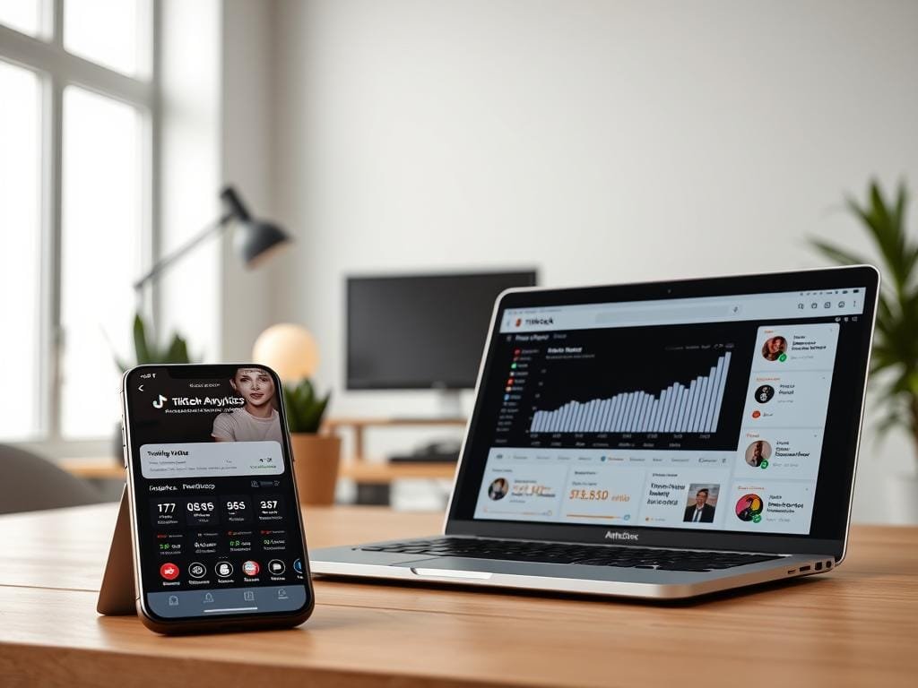A modern, minimalist office workspace with a laptop displaying TikTok analytics. In the foreground, a smartphone with the TikTok app open, showcasing trending video metrics and insights. The middle ground features a stylish desk setup with a sleek monitor, a minimalist lamp, and a succulent plant. The background is a clean, airy room with neutral-toned walls and a large window, allowing natural light to flood the scene. The overall mood is professional, focused, and informative, capturing the essence of utilizing TikTok trends for content creation.