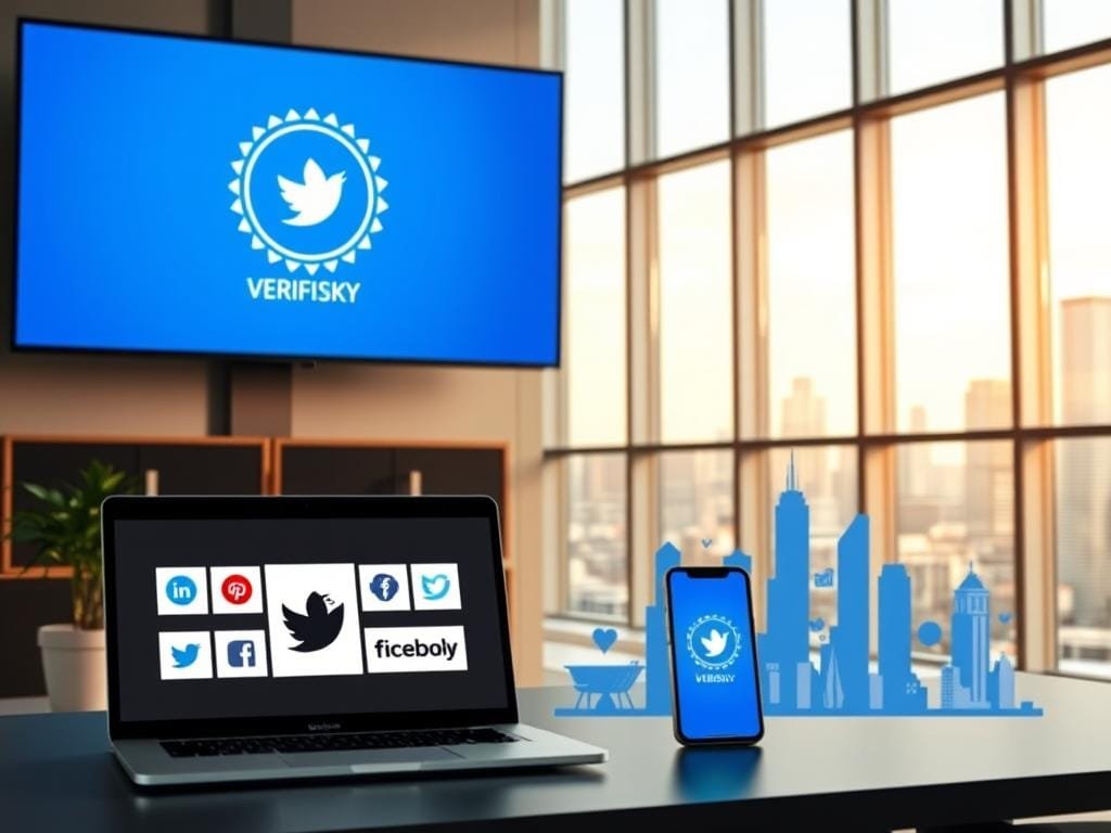 A modern office interior with a large display screen showcasing the Bluesky verification badge. In the foreground, a laptop and smartphone display brand logos, highlighting the integration of Bluesky's verified accounts. The middle ground features stylized social media icons and data visualizations, conveying the impact of Bluesky verification on brand presence and engagement. The background showcases a cityscape through floor-to-ceiling windows, bathed in soft, warm lighting to create a professional, aspirational atmosphere. The overall scene emphasizes how Bluesky verification can enhance brand credibility, trust, and visibility in the digital landscape.