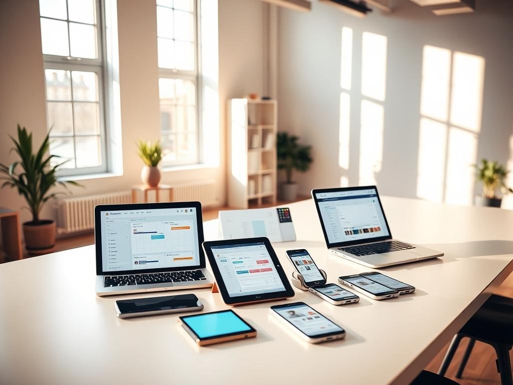 A modern office space with a large, well-lit desk. On the desk, a laptop, a tablet, and several smartphones are arranged neatly, displaying various social media scheduling and automation tools. The room is bathed in a warm, natural light filtering through large windows, creating a productive and focused atmosphere. In the background, a minimalist bookshelf and potted plants add a touch of greenery, complementing the clean, professional aesthetic. The scene conveys efficiency, organization, and the seamless integration of technology into a productive workflow.
