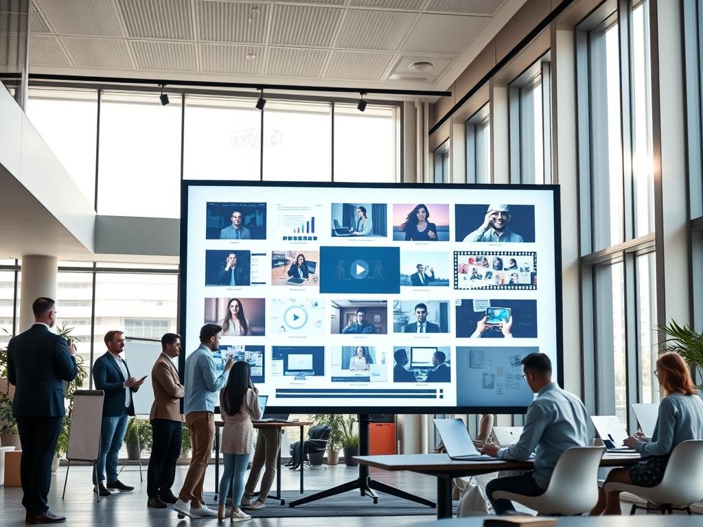 A modern office workspace with a large video screen in the foreground, showcasing various video storytelling techniques. In the middle ground, a group of professionals brainstorming and collaborating on video content ideas, using whiteboards and laptops. The background features sleek, minimalist architecture with abundant natural light filtering in through floor-to-ceiling windows. The lighting is soft and flattering, creating a professional, creative atmosphere. The overall composition conveys a sense of dynamic, innovative video marketing strategies being developed.