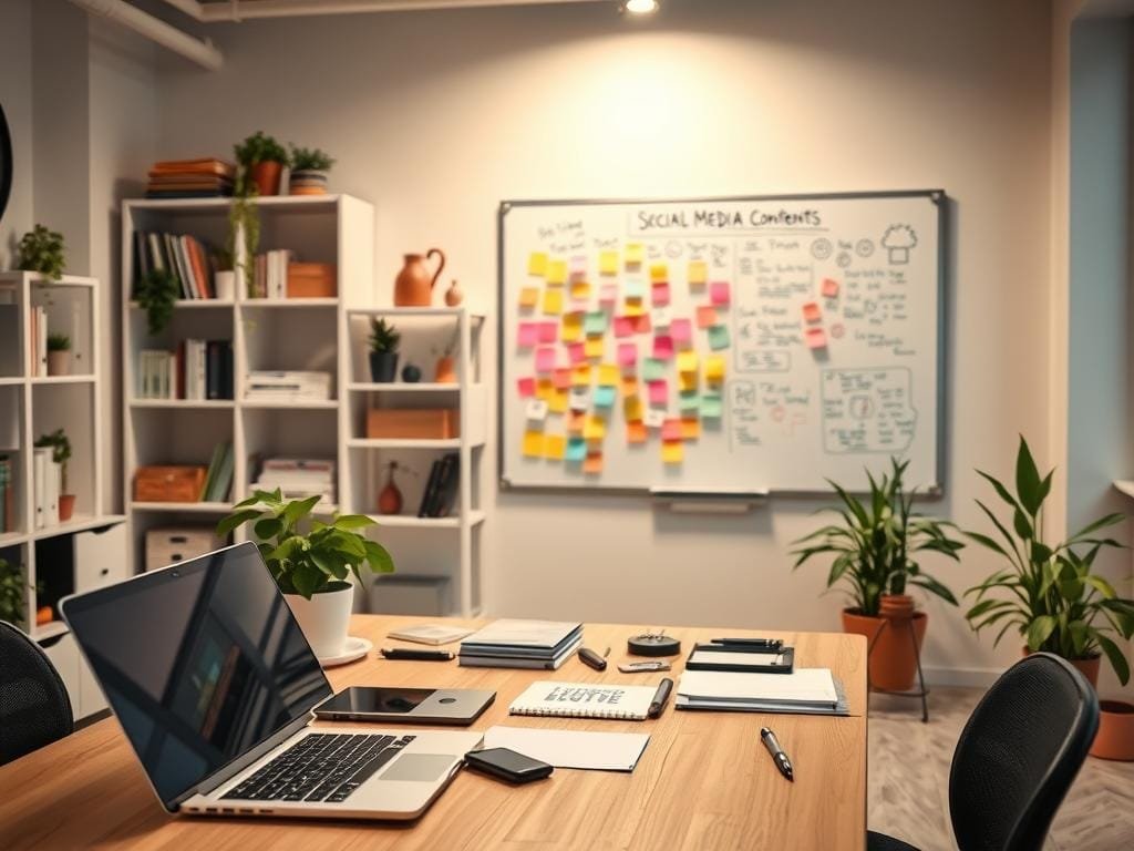 A modern office workspace with a minimalist, light-filled interior. In the foreground, a desk with a laptop, smartphone, and various office supplies, conveying the tools of a professional working on social media content. The middle ground features a large whiteboard covered in colorful sticky notes and sketches, representing the ideation and planning process for social media trends. In the background, shelves filled with books, plants, and decorative elements create a cozy, inspiring atmosphere. Soft, indirect lighting casts a warm, productive glow over the scene. The overall composition suggests the organized, yet creative process of a full-time worker navigating social media content creation.