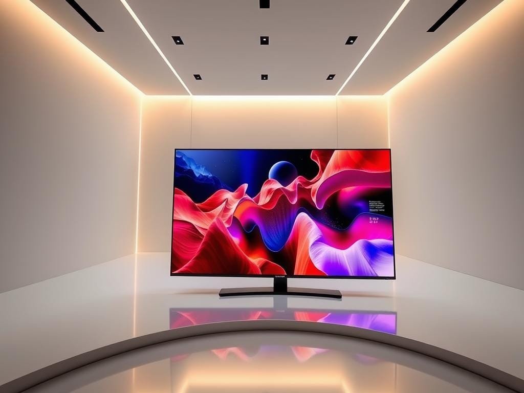 A modern, sleek display technology showcase. In the foreground, a state-of-the-art flat-panel display with vibrant, edge-to-edge OLED pixels. Crisp, high-resolution imagery fills the screen, showcasing the latest advancements in color depth and dynamic range. The middle ground features an array of novel display interfaces and connectivity options, including high-speed HDMI, USB-C, and wireless casting. In the background, a minimalist, well-lit environment with clean lines and reflective surfaces, accentuating the display's premium design. Subtle ambient lighting creates a sense of depth and atmosphere, highlighting the display's thin profile and seamless integration. The overall scene conveys a vision of cutting-edge display technology, ready to immerse the viewer in the future of visual experiences.
