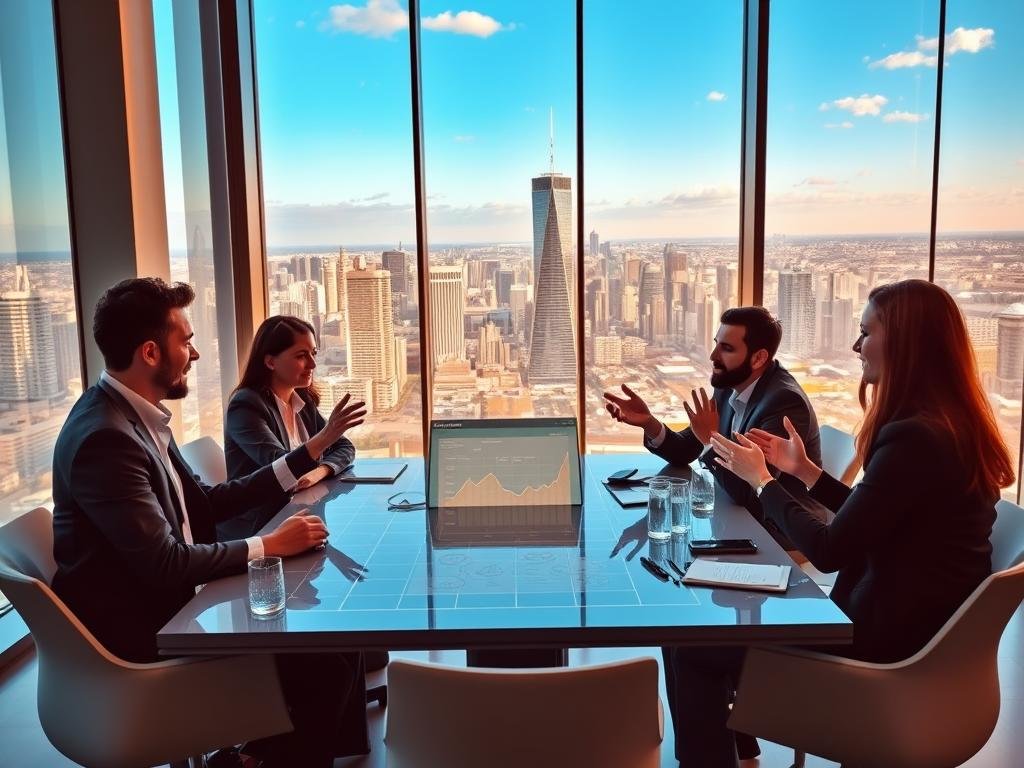 A modern, sleek office space with large windows overlooking a bustling city skyline. In the foreground, a group of professionals engaged in a lively discussion around a table, gesturing animatedly as they explore the intricacies of DAO governance. The middle ground features a digital dashboard displaying real-time data and metrics, while the background showcases a panoramic view of the cityscape, symbolizing the global reach and impact of these decentralized organizations. The lighting is warm and inviting, creating a sense of collaborative innovation. The overall atmosphere conveys a harmonious blend of cutting-edge technology and human-centric problem-solving.