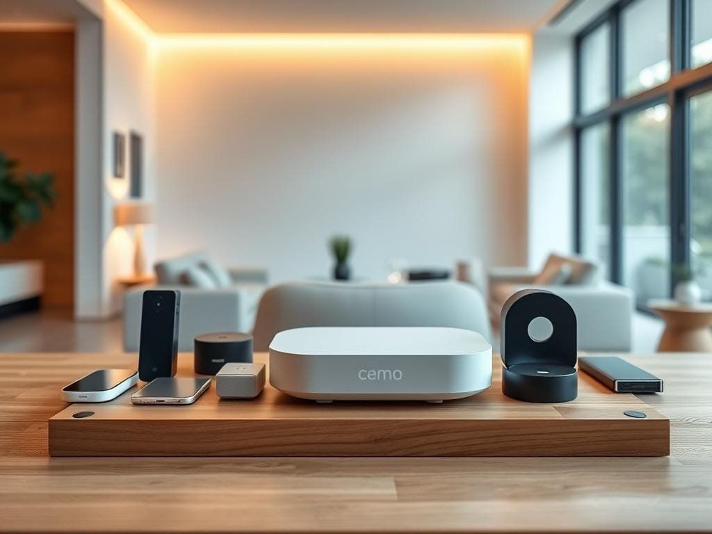 A modern, sleek smart home device rests on a minimalist wooden table, surrounded by a variety of compatible gadgets. Warm, diffused lighting casts a cozy glow, highlighting the seamless integration of the devices. In the background, a clean, minimalist interior with white walls and large windows suggests an elegant, technologically-advanced living space. The overall atmosphere conveys a sense of harmony, efficiency, and the effortless convergence of technology and home life.