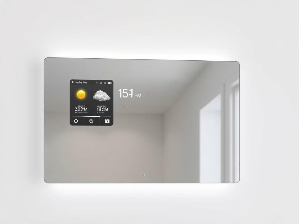 A modern, sleek smart mirror with a frameless, high-gloss black tempered glass surface reflecting a minimalist, well-lit room. The mirror is mounted flush against the wall, with hidden LED lighting around the edges, casting a soft ambient glow. The mirror's surface seamlessly integrates a high-resolution, touch-sensitive display, subtly showcasing real-time information like weather, calendar, and news updates. The overall design is clean, sophisticated, and discreetly blends into the interior decor, serving as a personalized digital information hub for the home.