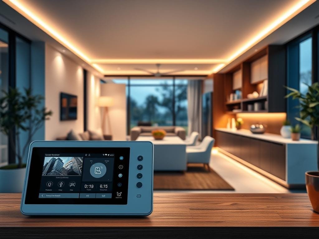 A modern smart home with a sophisticated security system. In the foreground, a sleek, minimalist control panel displays real-time security alerts and camera feeds. The middle ground features discreet surveillance cameras seamlessly integrated into the architecture, blending form and function. In the background, a panoramic view of the interior showcases state-of-the-art smart home technology, including voice-activated lighting, climate control, and appliances, all connected to the secure network. The scene is bathed in a soft, ambient glow, conveying a sense of safety and comfort. The overall atmosphere exudes a harmonious balance between cutting-edge technology and elegant, understated design.