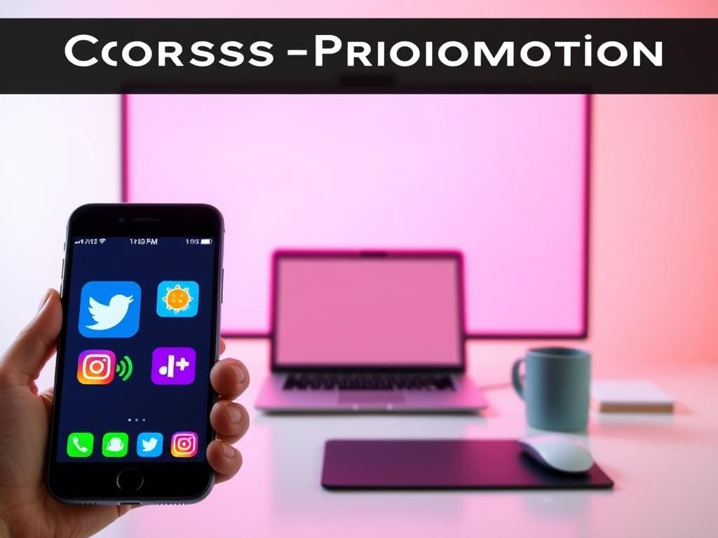 A modern, stylish social media layout showcasing cross-promotion across platforms. In the foreground, a smartphone display presents colorful app icons for Twitter, Instagram, and TikTok, hinting at seamless social sharing. The middle ground features a minimalist desktop workspace with a laptop, mouse, and coffee mug, creating a productive, on-the-go atmosphere. The background is a vibrant gradient, emanating a sense of digital connectivity and technological progress. Lighting is soft and diffused, with clean shadows and highlights that accentuate the sleek, contemporary design. The overall tone conveys a message of strategic social media integration and effective cross-platform promotion.