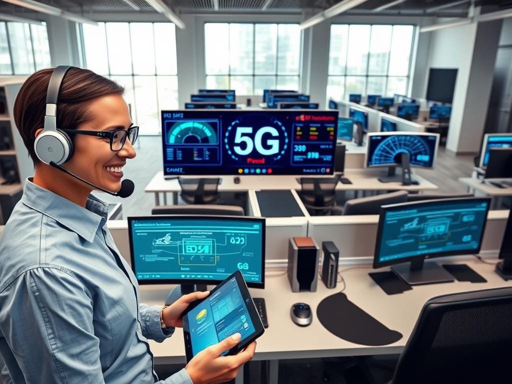 A modern, well-equipped 5G customer support office. In the foreground, a customer service representative wearing a headset and a friendly expression, assisting a customer with a tablet. Behind them, rows of cubicles with 5G network infrastructure visible, displaying real-time data and diagnostics. The middle ground features ergonomic workstations, sleek computers, and a large display showcasing 5G connectivity and speed tests. The background has floor-to-ceiling windows, allowing natural light to flood the space, creating a bright and welcoming atmosphere. The overall scene conveys efficiency, professionalism, and a commitment to providing excellent 5G-powered customer support.