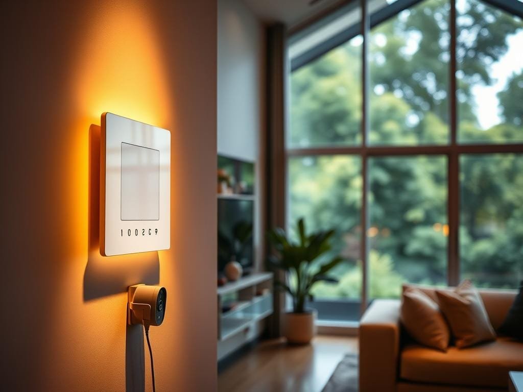 A modern, well-equipped smart home interior bathed in warm, diffused lighting. In the foreground, a sleek, minimalist security panel seamlessly integrated into the wall, its touchscreen interface glowing softly. In the middle ground, smart home devices like a voice-controlled digital assistant, wireless security cameras, and a smart thermostat harmoniously blend into the décor. The background reveals expansive windows overlooking a lush, verdant landscape, creating a sense of tranquility and security. The overall atmosphere conveys a harmonious fusion of advanced technology and thoughtful, high-end design, perfectly encapsulating the concept of "Integrating Smart Security with Home Automation".