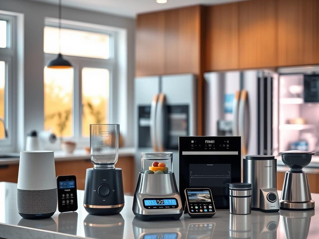 A modern, well-lit kitchen interior with a collection of cutting-edge smart home appliances and gadgets artfully arranged on the countertop. In the foreground, a sleek, voice-controlled smart speaker, a digital recipe display, and a high-tech blender with intuitive touchscreen controls. In the middle ground, a robotic arm organizer that retrieves items on command and a connected oven with a large digital display. In the background, a high-tech fridge with a transparent door panel, a smart coffee maker, and other seamlessly integrated connected devices, all bathed in a warm, inviting glow from the large windows. The overall scene conveys a sense of effortless efficiency and technological sophistication within a cozy, homely setting.