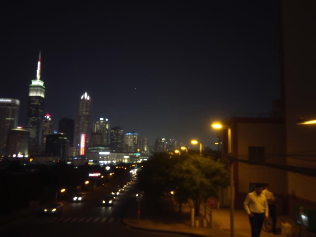A moody night scene captured through a smartphone lens. In the foreground, a city skyline with glimmering skyscrapers and neon signs. The middle ground features a dimly lit street, with parked cars and pedestrians moving about. In the background, a vast, inky sky dotted with twinkling stars. Soft, warm lighting from street lamps and building windows casts a golden glow, creating a sense of atmosphere and mystery. The image is slightly blurred, mimicking the shallow depth of field achieved by smartphone cameras, drawing the viewer's eye to the focal point. Overall, a captivating, cinematic depiction of nighttime smartphone photography.
