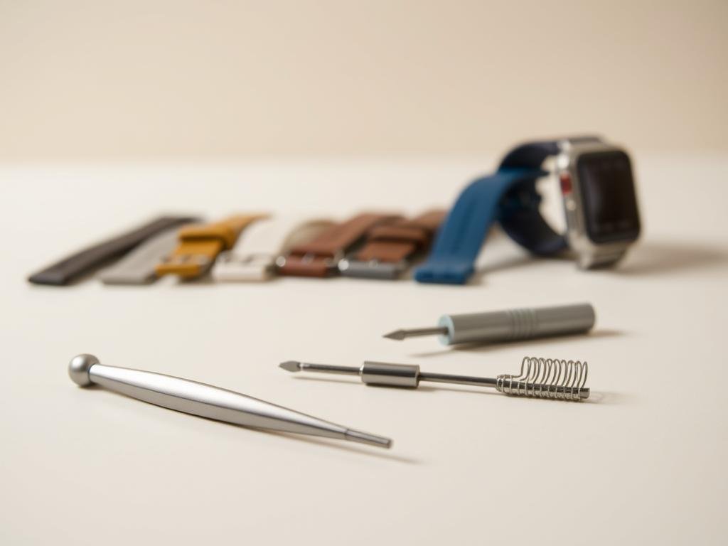 a neatly arranged composition showcasing an assortment of smartwatch strap repair tools. in the foreground, a pair of precision tweezers, a small screwdriver set, and a spring bar tool rest on a clean, neutral-colored surface, bathed in soft, diffused lighting. in the middle ground, an array of watchbands in various materials and colors are carefully displayed, suggesting the diversity of strap options. the background features a blurred, minimalist backdrop, drawing the viewer's focus to the central tools and accessories. the overall mood is one of organization, functionality, and attention to detail - essential elements for a successful smartwatch strap replacement or minor repair project.