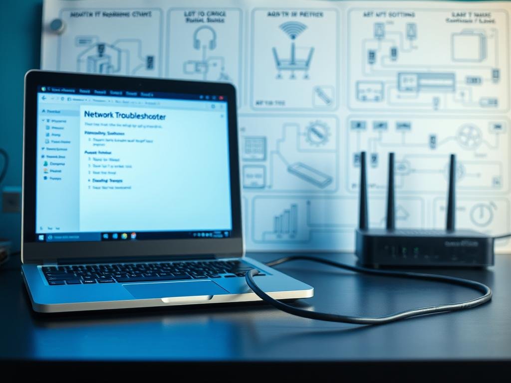 a neatly arranged desktop scene depicting the windows network troubleshooter application. in the foreground, a laptop screen shows the troubleshooter interface, with diagnostic tools and options. in the middle ground, an ethernet cable trails across the desk, leading to a router or modem. the background features technical schematics and diagrams of network components, creating a sense of technical depth. the lighting is crisp and clean, with a slight blue tone to convey a professional, problem-solving atmosphere. the camera angle is positioned slightly above the desk, giving an overview of the troubleshooting setup.
