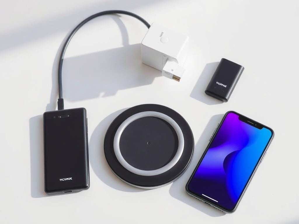 A neatly arranged display of various fast charging solutions for smartphones, including a wireless charging pad, a USB-C wall adapter, and a portable power bank. The items are positioned on a minimalist, white surface, with soft, directional lighting casting subtle shadows that accentuate their modern, sleek designs. The overall composition conveys a sense of efficiency, convenience, and technological advancement, perfectly suited to illustrate the "Smartphone Charging Accessories You Should Consider" section of the article.