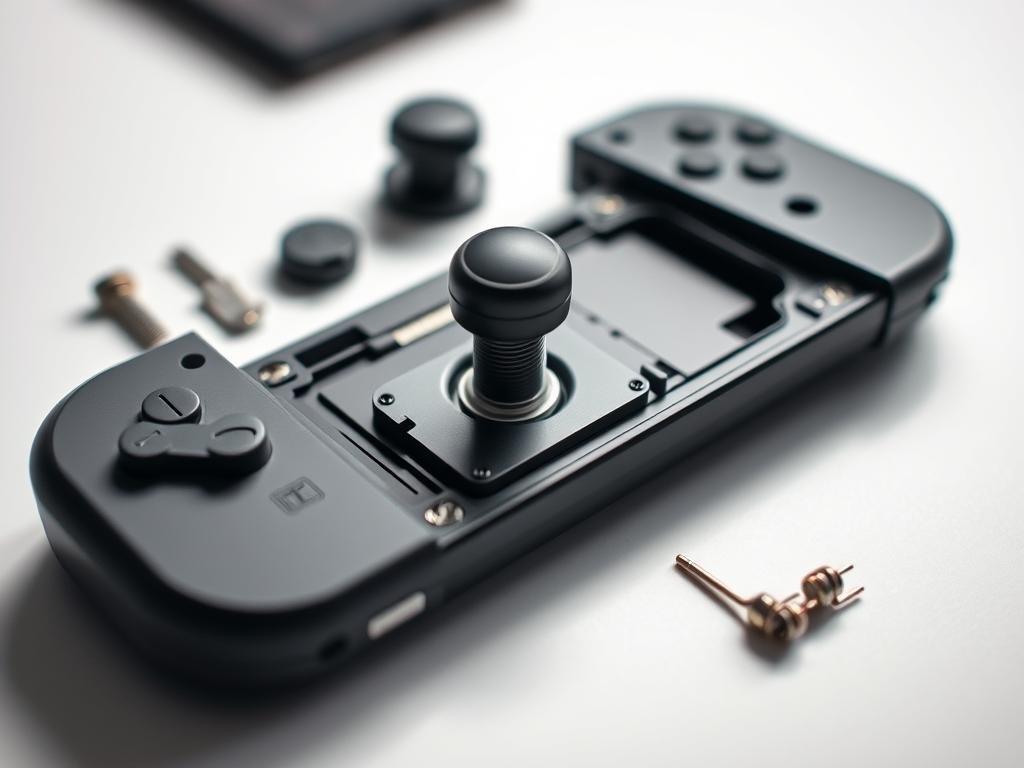 a neatly disassembled nintendo switch joy-con controller, the analog stick module in the foreground, surrounded by its various components - the stick cap, the tension spring, the potentiometer, and the metal mounting plate. the lighting is soft and diffused, accentuating the intricate details of the parts. the scene is captured from a high angle, conveying a sense of examination and investigation, as if preparing for a delicate repair operation. the background is blurred, keeping the focus solely on the disassembled analog stick assembly, the central subject of this technical, instructional image.