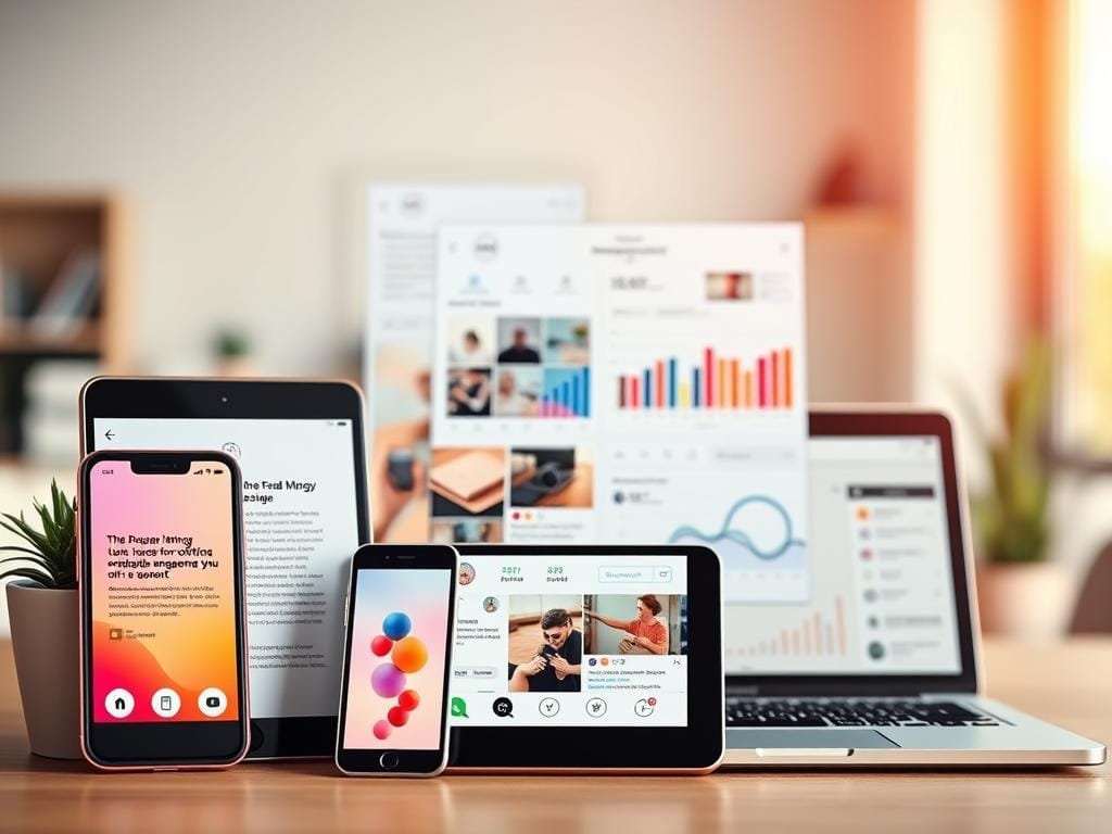 A neatly organized Instagram feed with a vibrant, colorful aesthetic. In the foreground, various social media engagement tips are displayed on stylish digital devices, such as a smartphone, tablet, and laptop, arranged in a visually appealing composition. The middle ground features a collage of Instagram analytics, graphs, and charts, highlighting key metrics for optimal engagement. The background is a soft, blurred backdrop, evoking a modern, minimalist workspace or office setting, bathed in warm, natural lighting. The overall mood is one of productivity, inspiration, and a data-driven approach to mastering Instagram engagement in 2025.