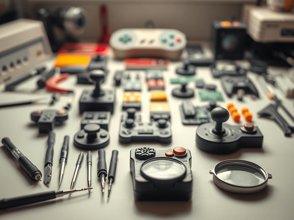 a neatly organized arrangement of precision tools for repairing and maintaining classic game controllers. in the foreground, a set of precision screwdrivers, tweezers, and a magnifying glass sit on a clean, well-lit workbench. in the middle ground, various disassembled controller parts, including buttons, joysticks, and circuit boards, are carefully laid out. the background features a slightly blurred, vintage-inspired setting, evoking the nostalgic atmosphere of retro gaming. the lighting is soft and natural, highlighting the intricate details of the tools and components. an overall sense of care, attention to detail, and passion for preserving gaming history permeates the scene.