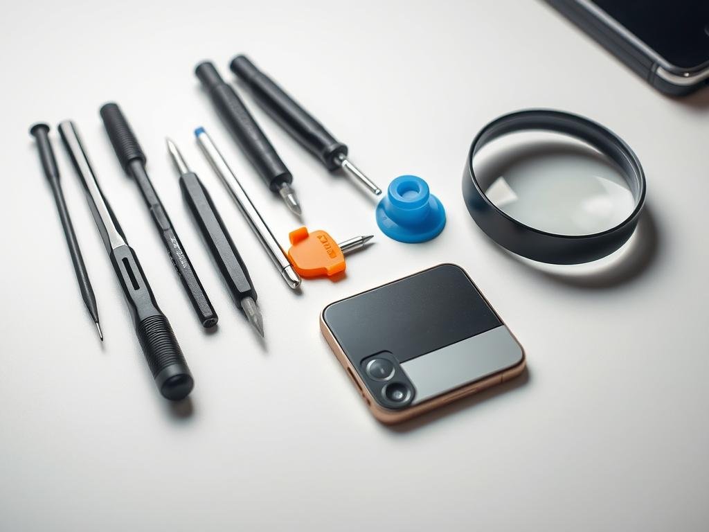 a neatly organized arrangement of professional smartphone repair tools, including a precision screwdriver set, tweezers, a suction cup, a spudger, and a magnifying glass. the tools are displayed on a clean, well-lit workbench with a soft, diffused lighting that casts subtle shadows, creating a sense of depth and dimension. the image has a technical, problem-solving atmosphere, conveying the tools' purpose in repairing and maintaining smartphone components like volume and power buttons.