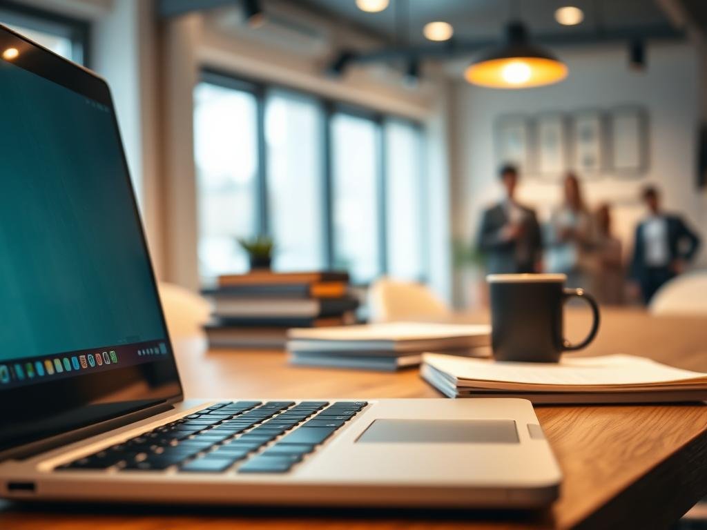 a neatly organized desktop with a laptop in the foreground, its startup programs visually optimized. the laptop's screen displays a minimalist interface, icons arranged efficiently. in the middle ground, a stack of documents and a coffee mug convey a productive workspace. the background features a clean, softly lit office environment with tasteful decor. subtle depth of field blur and warm lighting create a calming, focused atmosphere, inspiring productivity and efficiency.