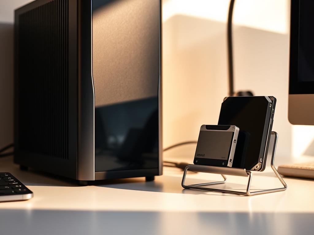 a neatly organized desktop workspace with various storage solutions, including a sleek tower pc, a sturdy external hard drive, and a compact ssd docked in a minimalist metal stand. the scene is bathed in warm, directional lighting, casting subtle shadows that accentuate the clean, modern aesthetic. the camera angle is slightly elevated, providing a comprehensive view of the desktop setup, showcasing the efficient use of space and the seamless integration of the storage components. the overall mood is one of productivity, order, and a sense of technological sophistication.