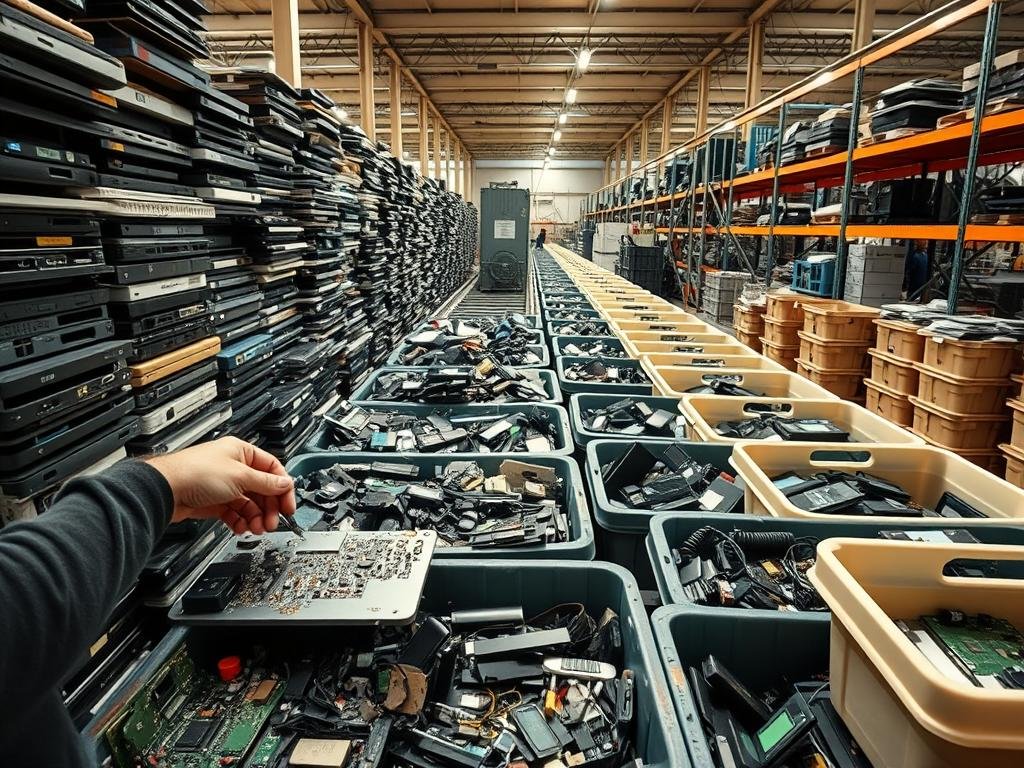 A neatly organized electronics recycling center, with rows of discarded laptops, phones, and gadgets neatly stacked and sorted. The foreground showcases a worker carefully disassembling a circuit board, their hands focused on the task. In the middle ground, large bins and containers hold various electronic components, each waiting to be repurposed or properly disposed of. The background reveals a well-lit, industrial space, with conveyor belts and shelving units lining the walls, creating a sense of efficient, sustainable recycling. The scene is illuminated by warm, directional lighting, casting subtle shadows and highlighting the intricate details of the electronics. An atmosphere of responsible stewardship and environmental consciousness pervades the image.