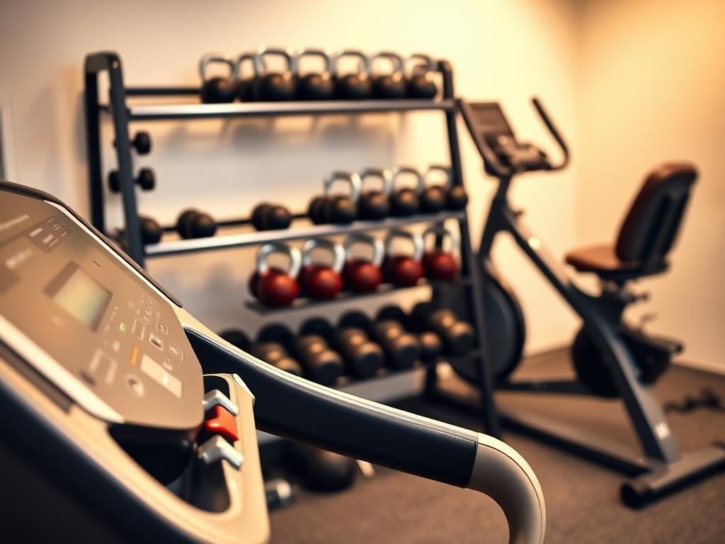 a neatly organized home gym with an assortment of well-maintained fitness equipment. in the foreground, a treadmill with gleaming metal parts and a pristine control panel, conveying a sense of care and attention to detail. in the middle ground, a weight rack displaying a variety of dumbbells and kettlebells, each polished and arranged with precision. the background features a stationary bike, its sleek frame and leather seat hinting at a recent tune-up. soft, warm lighting illuminates the scene, creating an atmosphere of tranquility and focus, encouraging the viewer to envision a dedicated fitness routine and the importance of proactive maintenance for lasting performance.