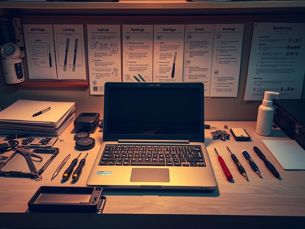 a neatly organized workbench, bathed in warm, directional lighting. on it, a disassembled laptop, its components carefully laid out - screwdrivers, tweezers, and cleaning supplies at the ready. in the background, a series of informational diagrams and checklists, detailing laptop maintenance steps. the scene conveys a sense of focus, expertise, and the methodical care required to properly maintain a laptop and extend its lifespan.