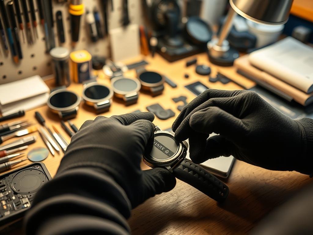 a neatly organized workbench, bathed in warm task lighting, showcases an open smartwatch. precision tools and replacement parts are meticulously arranged, conveying an atmosphere of focused, hands-on repair. in the foreground, a pair of gloved hands delicately replaces the smartwatch's battery, with a sense of care and concentration. the mid-ground features additional smartwatch models and components, hinting at the scope of the diy repair process. the background blurs softly, directing the viewer's attention to the central act of battery replacement, the core of this technical yet approachable tutorial. a neatly organized workbench, bathed in warm task lighting, showcases an open smartwatch. precision tools and replacement parts are meticulously arranged, conveying an atmosphere of focused, hands-on repair. in the foreground, a pair of gloved hands delicately replaces the smartwatch's battery, with a sense of care and concentration. the mid-ground features additional smartwatch models and components, hinting at the scope of the diy repair process. the background blurs softly, directing the viewer's attention to the central act of battery replacement, the core of this technical yet approachable tutorial.