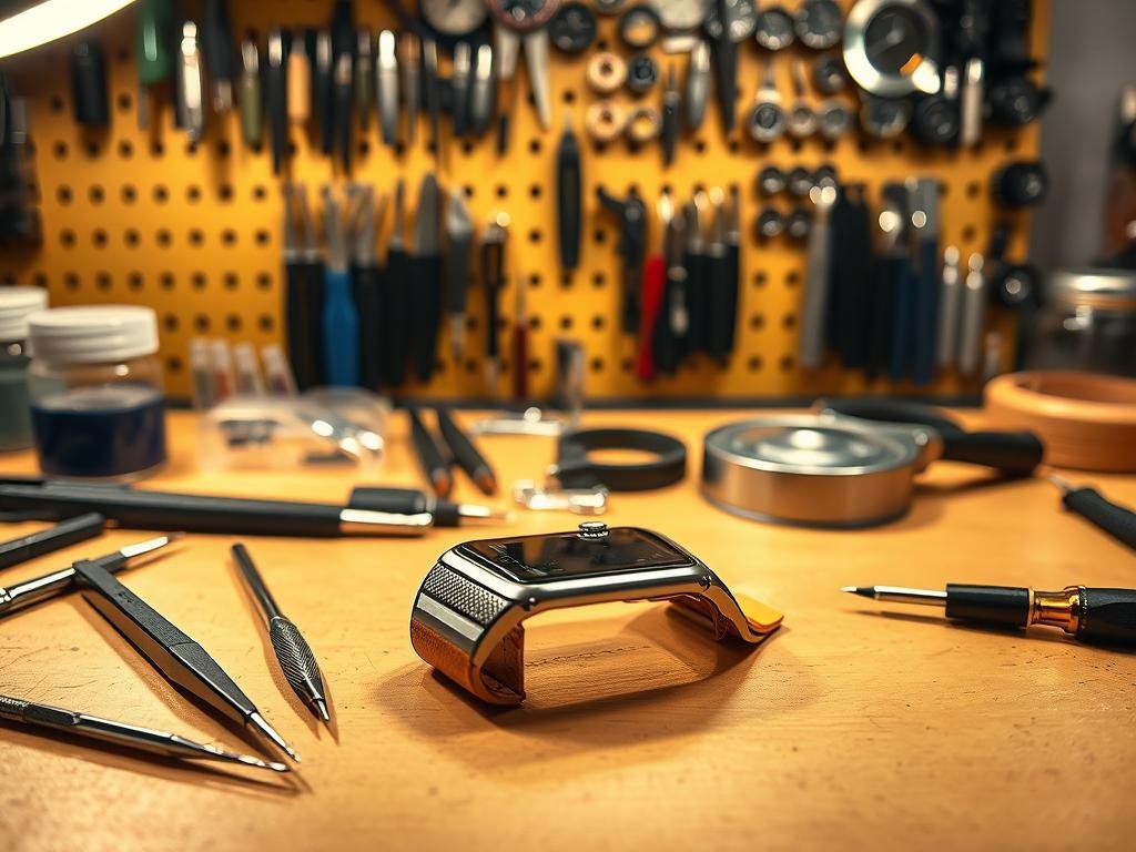 a neatly organized workbench, illuminated by warm task lighting, showcases the process of repairing a smartwatch band. on the surface, an assortment of precision tools, including tweezers, screwdrivers, and a magnifying glass, are carefully arranged. the worn, discolored band lies center frame, ready for meticulous examination and gentle restoration. in the background, a wall-mounted tool rack displays an array of specialized watch repair accessories, conveying a sense of expertise and attention to detail. the overall scene radiates a calming, focused atmosphere, inviting the viewer to imagine themselves undertaking this minor, yet satisfying, smartwatch maintenance task.