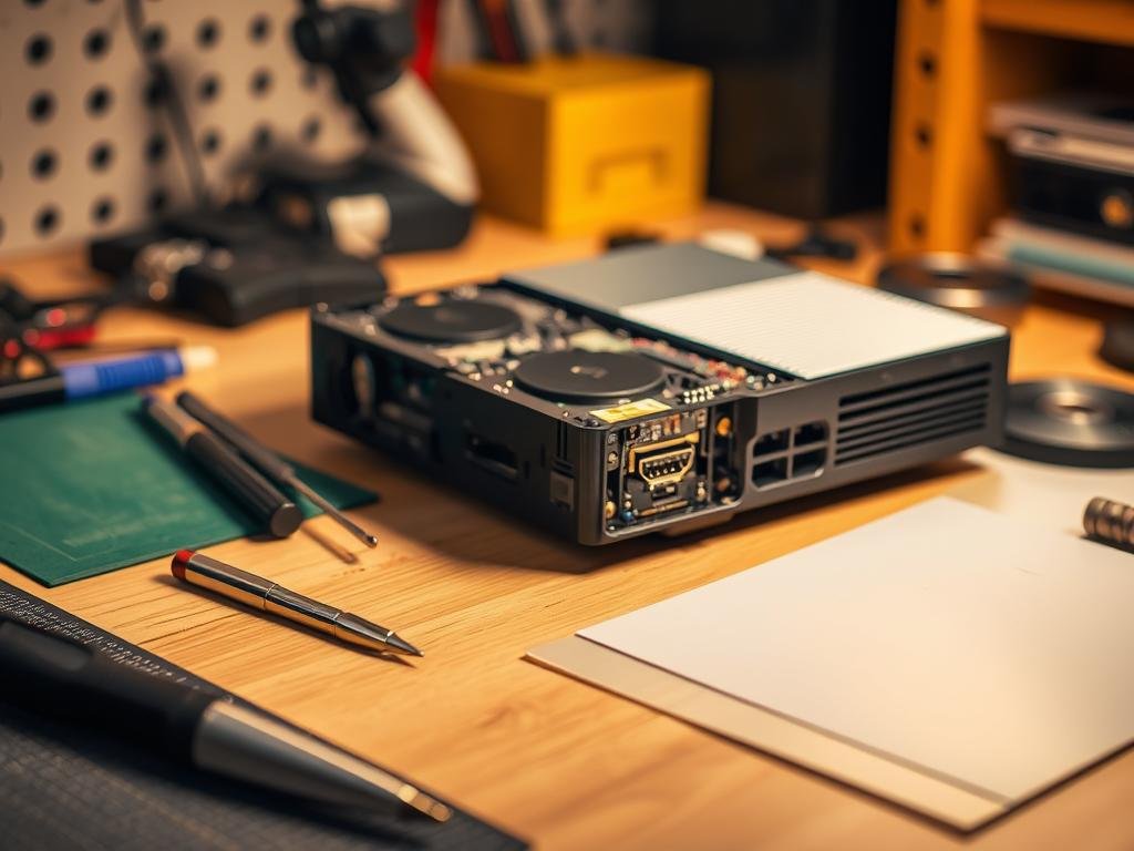 a neatly organized workbench with a disassembled game console, its hdmi port exposed, surrounded by essential tools like precision screwdrivers, magnifying glass, and anti-static mat. warm, focused lighting illuminates the scene, emphasizing the intricate components and the need for caution. the background is blurred, drawing the viewer's attention to the delicate repair process. the overall atmosphere conveys a sense of focus, care, and safety-conscious professionalism, suitable for illustrating the "safety precautions before starting your repair" section.