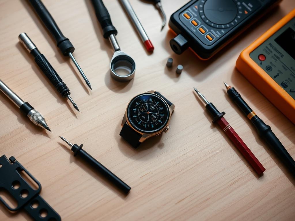 a neatly organized workbench with an array of diagnostic tools for a smartwatch, including a precision screwdriver set, a jeweler's loupe, a multimeter, and a demagnetizer. the tools are arranged in a visually appealing, symmetrical layout, casting soft shadows on the clean, wooden surface. the overall scene conveys a sense of professionalism and attention to detail, perfect for illustrating the "diagnosing smartwatch problems" section of the article. a neatly organized workbench with an array of diagnostic tools for a smartwatch, including a precision screwdriver set, a jeweler's loupe, a multimeter, and a demagnetizer. the tools are arranged in a visually appealing, symmetrical layout, casting soft shadows on the clean, wooden surface. the overall scene conveys a sense of professionalism and attention to detail, perfect for illustrating the "diagnosing smartwatch problems" section of the article.