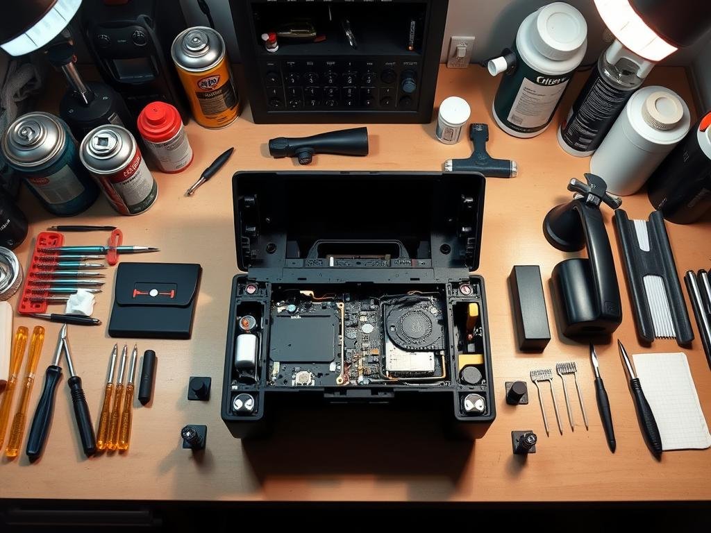 a neatly organized workbench with various tools and cleaning supplies, including a precision screwdriver set, compressed air cans, cotton swabs, and a small vacuum cleaner. the console, disassembled into its major components, is placed in the center, ready for thorough cleaning. soft, directional lighting from above creates shadows and highlights the intricate details of the internal hardware. the overall atmosphere conveys a sense of focus and attention to detail, as if preparing for a delicate operation.