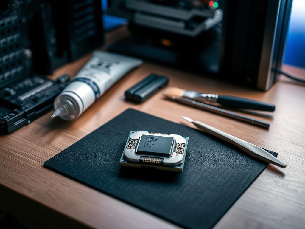 a neatly organized workbench with various tools and components laid out in a visually appealing arrangement. in the foreground, a pc processor sits atop an anti-static mat, ready for thermal paste replacement. nearby, a tube of high-performance thermal compound, a clean brush, and a pair of tweezers are positioned for easy access. soft, diffused lighting illuminates the scene, creating a professional, detail-oriented atmosphere. the background features a subtle gradient, placing the focus on the central task at hand - preparing a pc for a thermal paste upgrade.