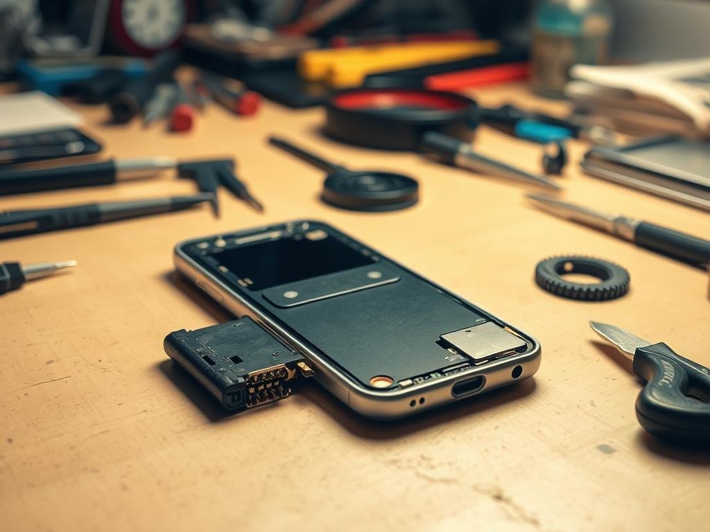a neatly organized workbench, with various tools and components scattered across its surface. in the center, a disassembled smartphone or electronic device, its charging port exposed and ready for inspection. soft, warm lighting illuminates the scene, casting gentle shadows and highlighting the intricate details of the task at hand. the atmosphere is one of focused attention and problem-solving, inviting the viewer to delve into the process of repairing this essential component. the image conveys a sense of technical expertise and the satisfaction of tackling a hands-on challenge.