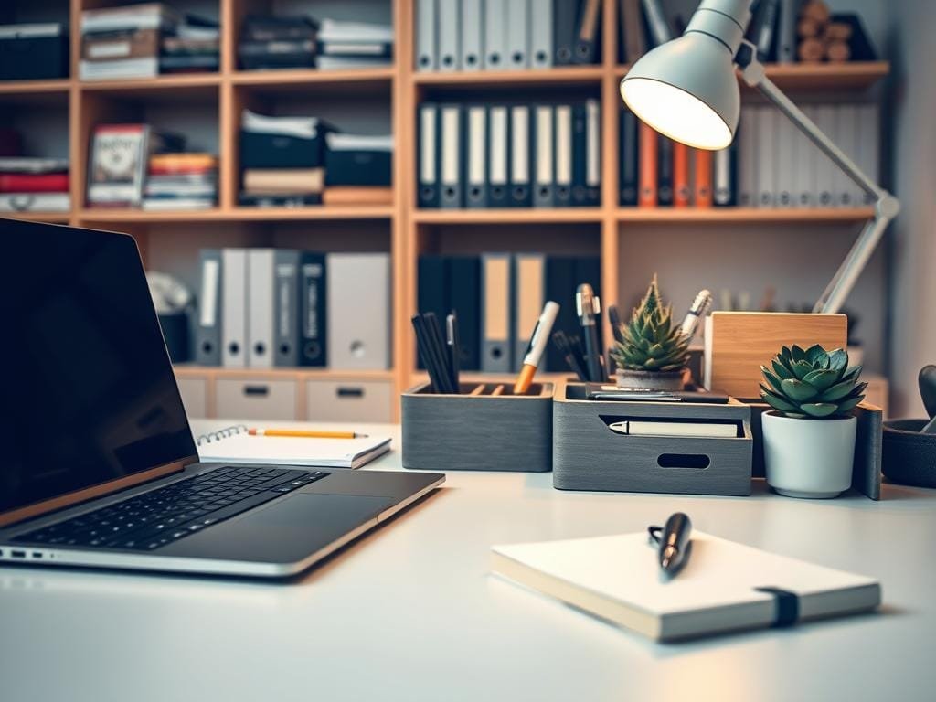 A neatly organized workspace filled with essential productivity tools. In the foreground, a sleek laptop, a stylish fountain pen, and a high-quality notebook sit atop a clean, minimalist desk. The middle ground features a well-designed desk organizer with compartments for office supplies, a modern desk lamp, and a succulent plant adding a touch of nature. In the background, shelves hold a variety of books, files, and other organizational items, all bathed in warm, ambient lighting that creates a focused, productive atmosphere. The overall scene conveys a sense of efficiency, clarity, and the tools necessary to tackle any task with ease.