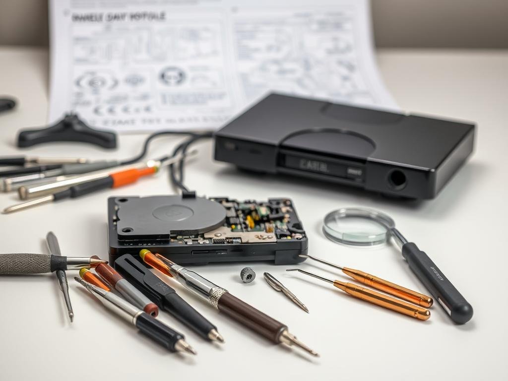 a neatly organized workspace with an array of precision tools for game console troubleshooting. in the foreground, a variety of screwdrivers, tweezers, and a magnifying glass sit on a clean, well-lit surface. in the middle ground, a disassembled game console components are laid out, showcasing the inner workings. in the background, a technical schematic or manual provides contextual information. the lighting is soft and diffused, creating a professional, problem-solving atmosphere. the overall composition conveys a sense of focus, attention to detail, and the expertise required to diagnose and repair disc reading issues in video game consoles.
